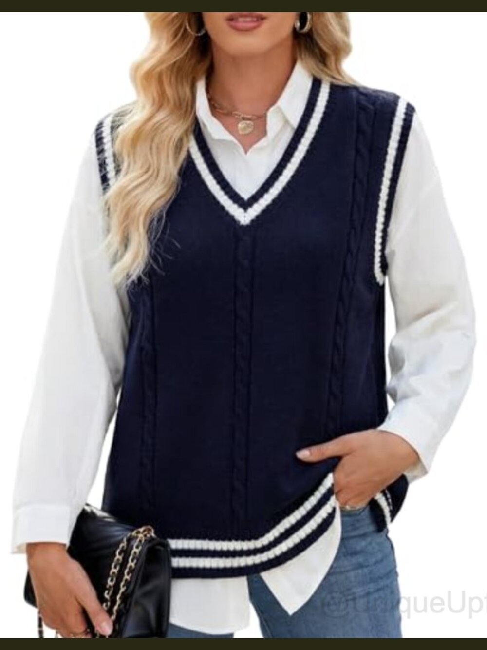 Womens Cotton Sleeveless V-Neck Sweater Vest Classic School Uniform Knitted